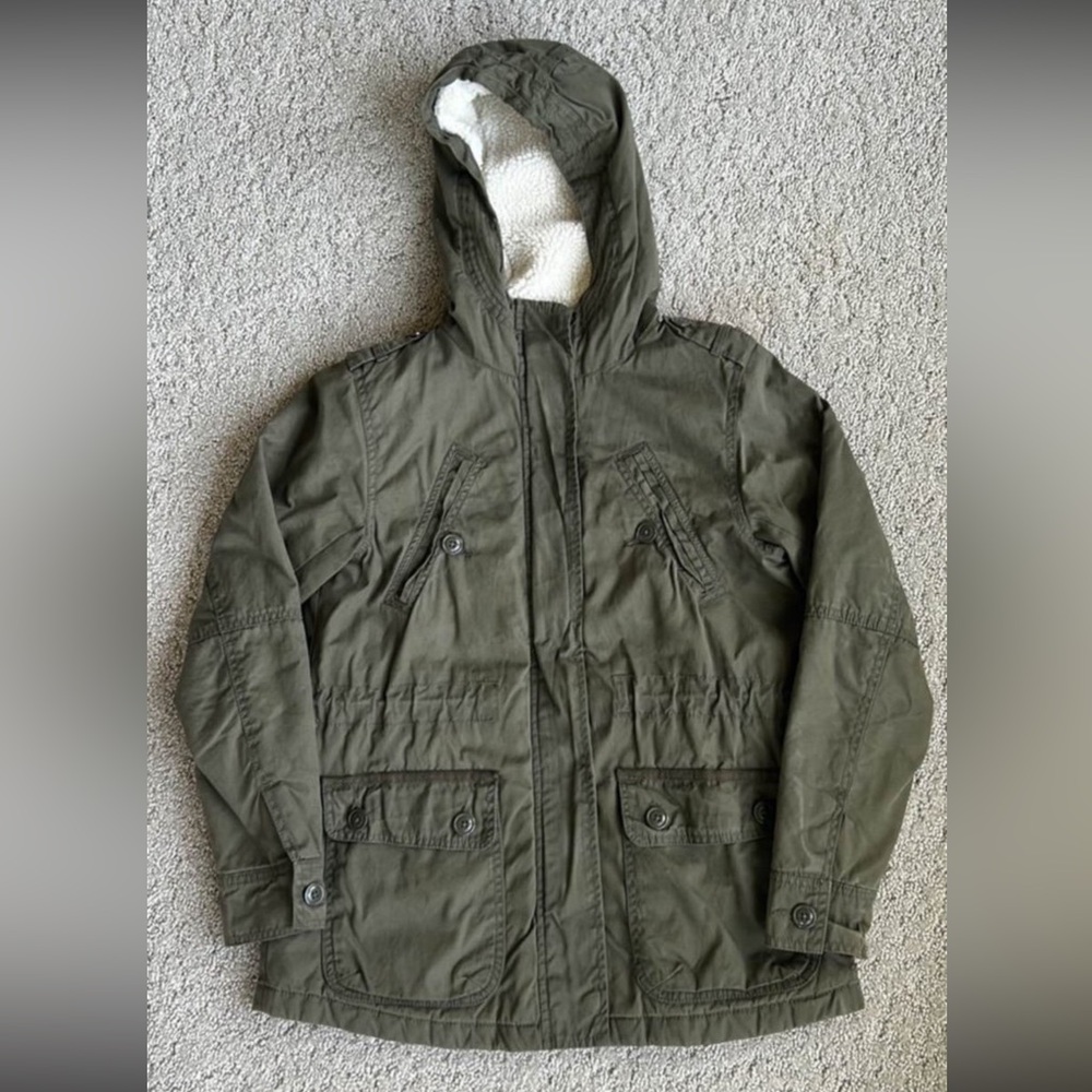 American Eagle Utility Jacket Military Coat Sherpa Hoodie Army Green Small EUC